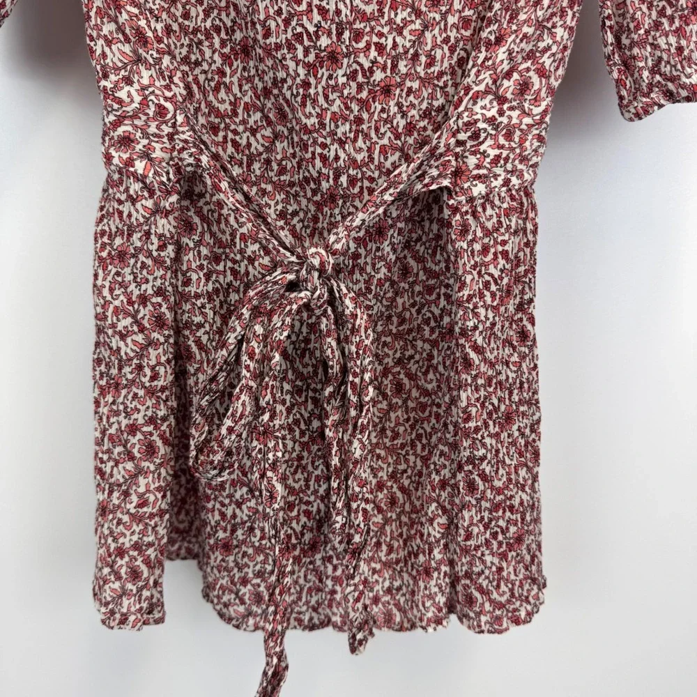Tory Burch Red Floral Cotton‎ Silk Plissé V-Neck Puff Sleeve Blouse Size 10